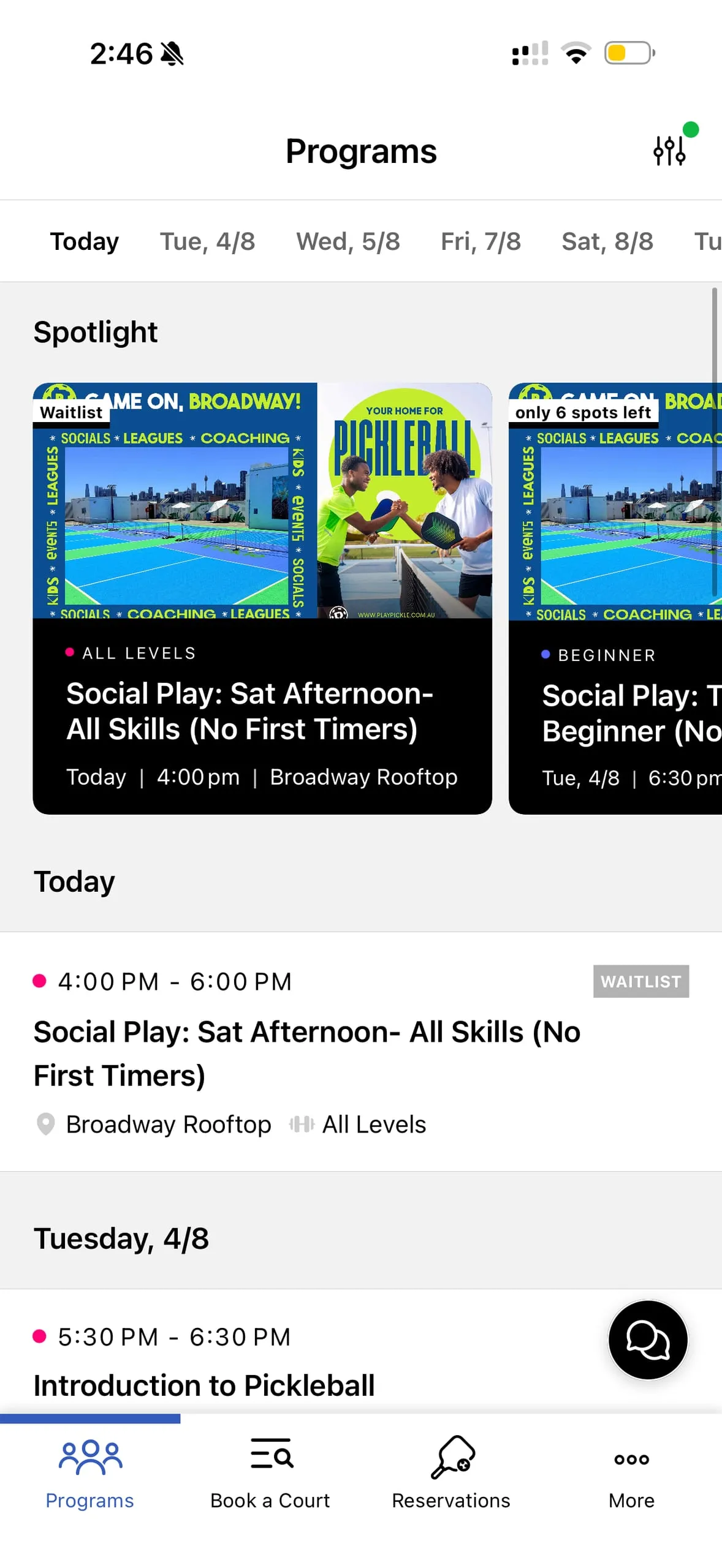 The Play Pickle app open on the Programs screen, showing today's social play and beginner sessions to book at Broadway Rooftop
